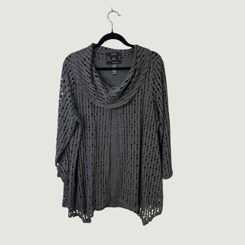 Ali Miles Cardigan Tank Set Gray Eyelet 1X Boho Artsy Lagenlook Fall Layering